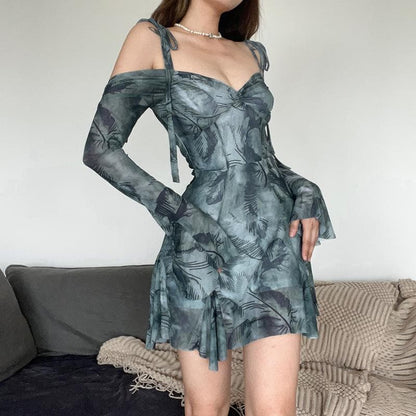 BerryBetty - Long sleeve tie dye off shoulder ruched sweetheart neck self tie backless mini dress