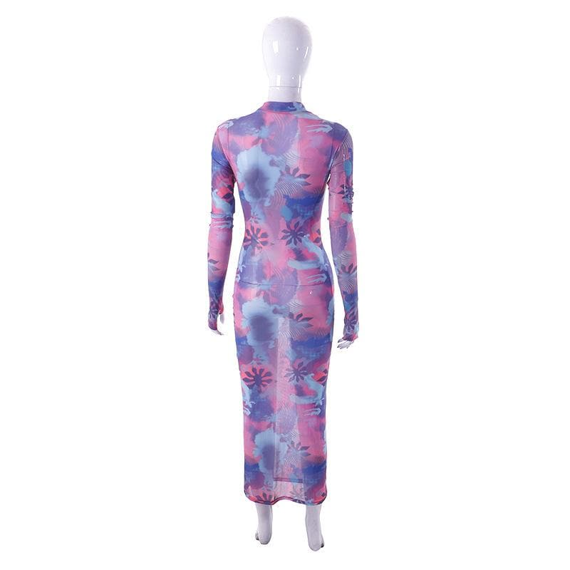 BerryBetty - Sheer mesh see through flower print contrast gloves long sleeve maxi dress