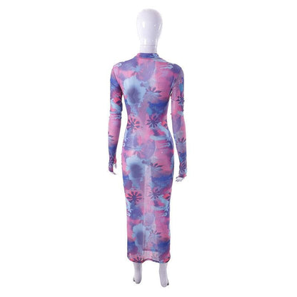 BerryBetty - Sheer mesh see through flower print contrast gloves long sleeve maxi dress