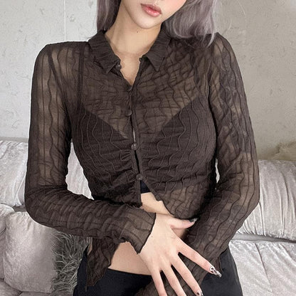BerryBetty - Ruffled mesh turnover collar buttoned crop top