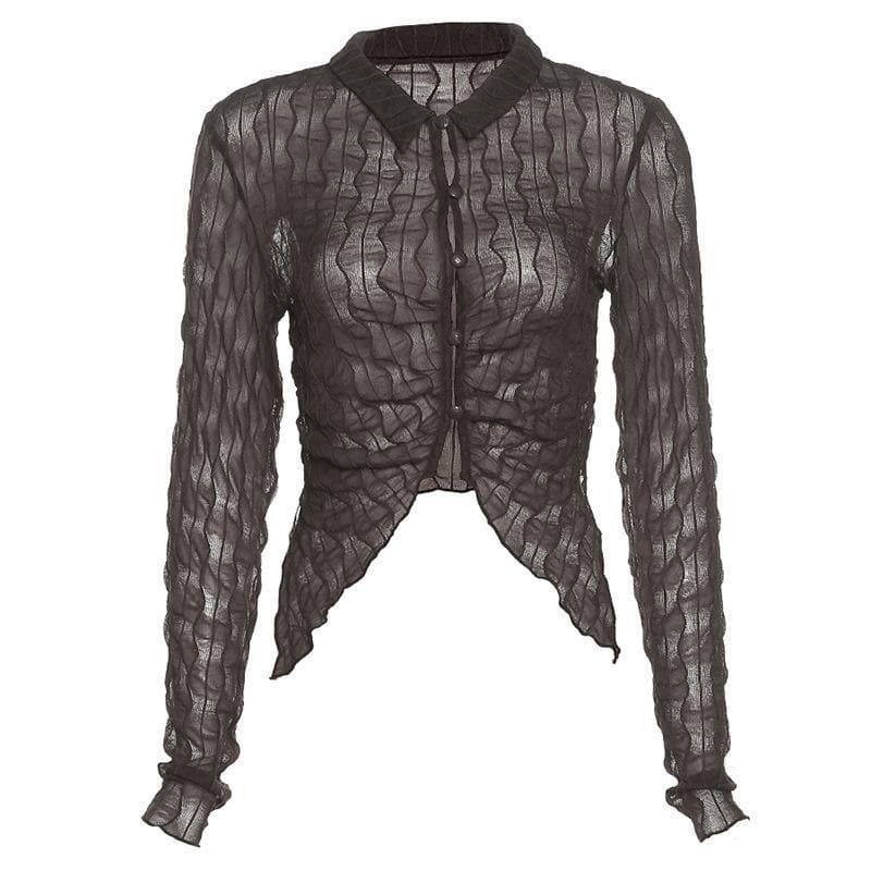 Ruffled mesh turnover collar buttoned crop top - Halibuy
