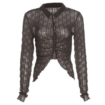 Ruffled mesh turnover collar buttoned crop top - Halibuy