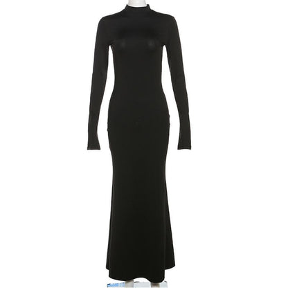 BerryBetty - Backless high neck long sleeve solid maxi dress