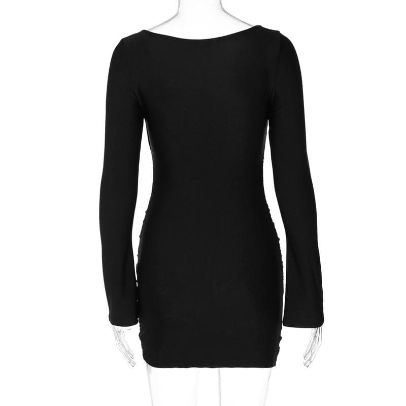 BerryBetty - Ruched solid long sleeve v neck mini dress