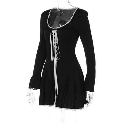 BerryBetty - Lace hem contrast long sleeve u neck lace up mini dress