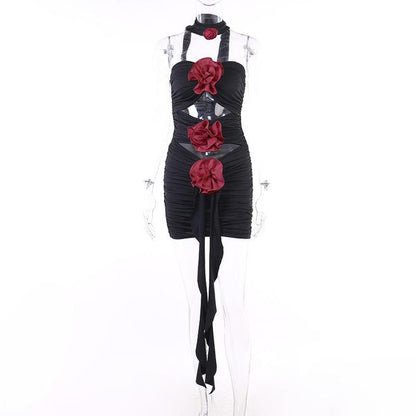 BerryBetty - Flower applique hollow out ruched contrast tube mini dress