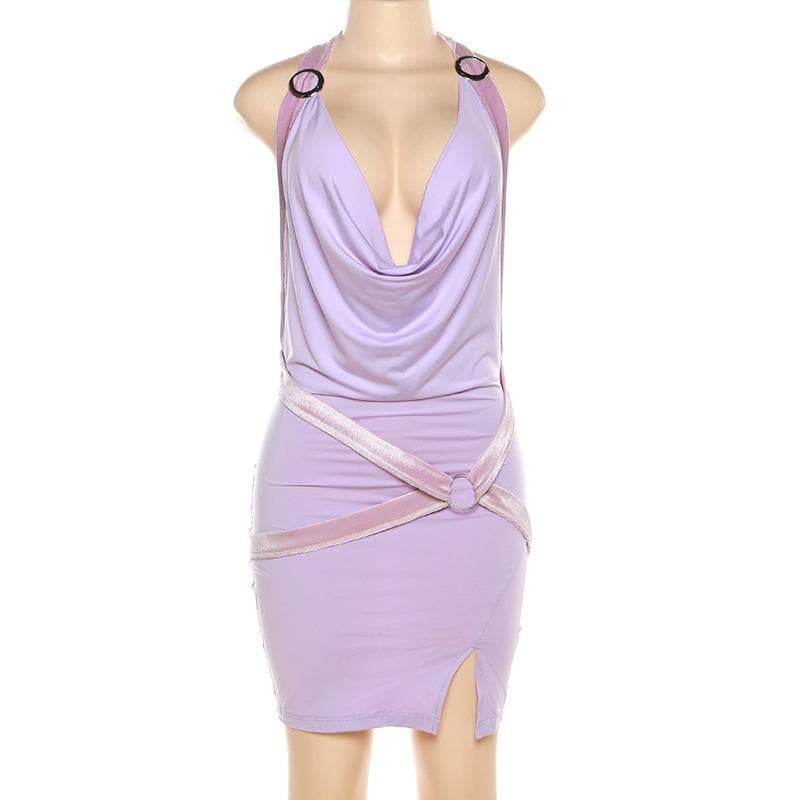 BerryBetty - Cowl neck low cut o ring halter backless self tie slit mini dress