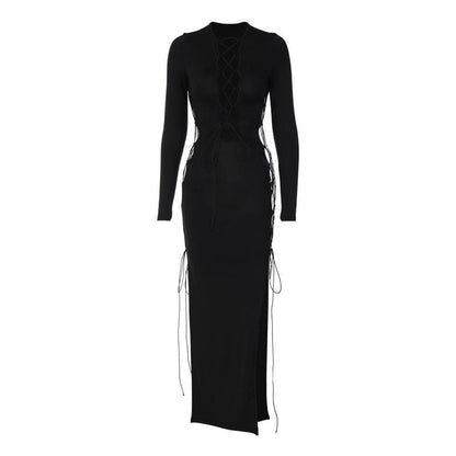 BerryBetty - Long sleeve solid hollow out slit self tie lace up midi dress