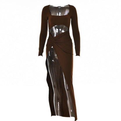 BerryBetty - Long sleeve solid hollow out ruched slit knotted midi dress