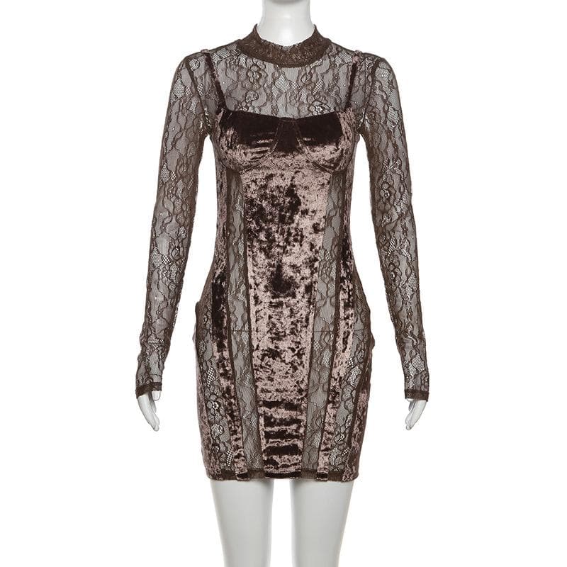 BerryBetty - Velvet patchwork high neck long sleeve lace mini dress