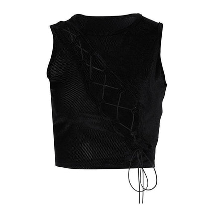 Crewneck lace up sleeveless ribbed crop top - Final Sale - Halibuy