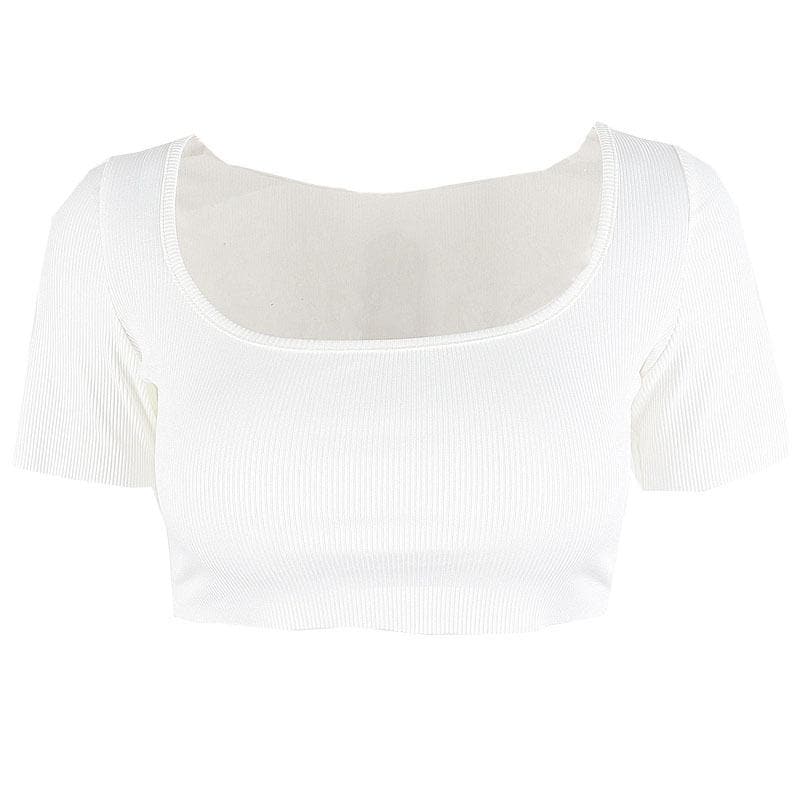 BerryBetty - Ribbed square neck solid short sleeve crop top