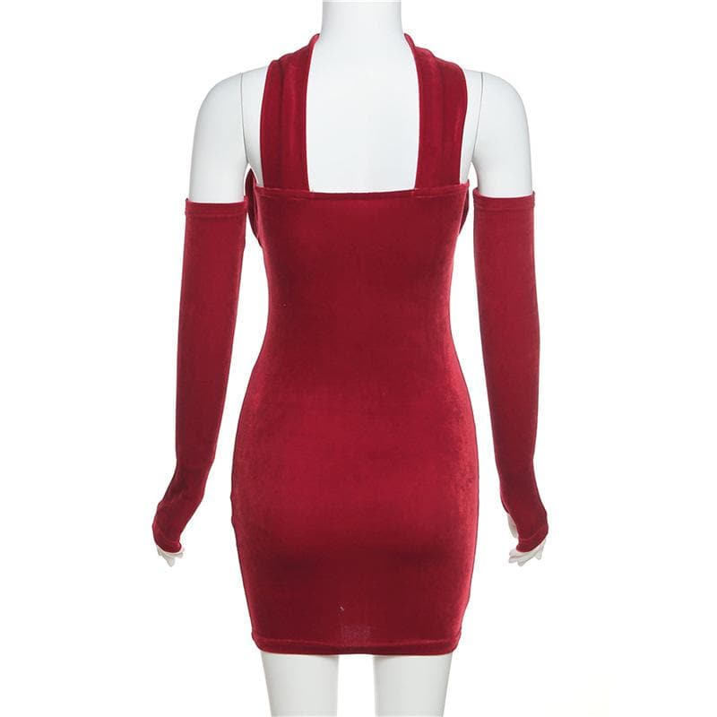 BerryBetty - Velvet solid ruched gloves halter mini dress