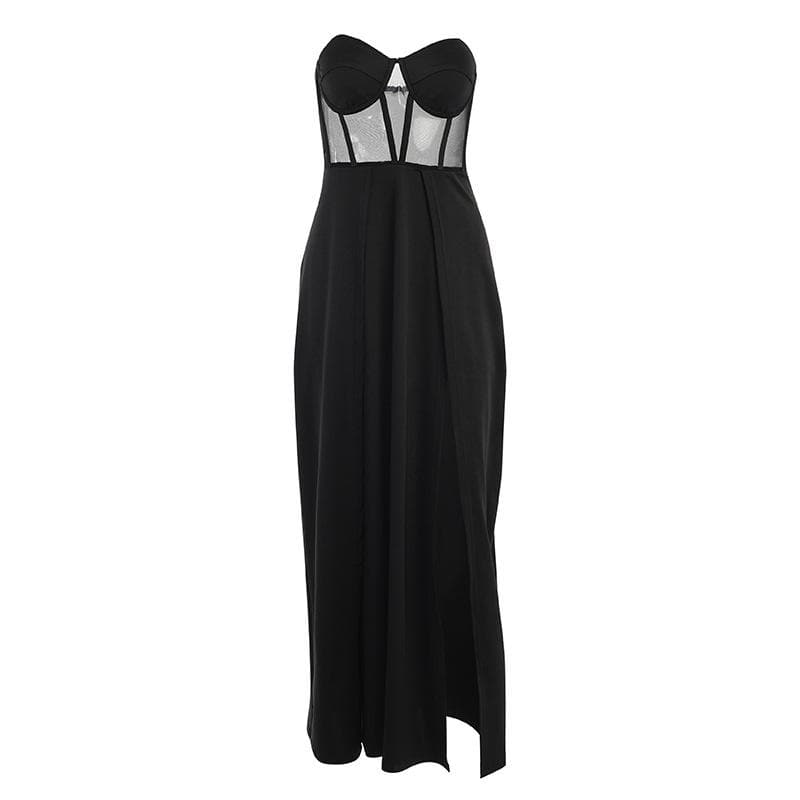 BerryBetty - Mesh heart neck high slit pleated tube maxi dress