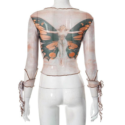 BerryBetty - Butterfly print sheer mesh see through long sleeve ruffle self tie crop top