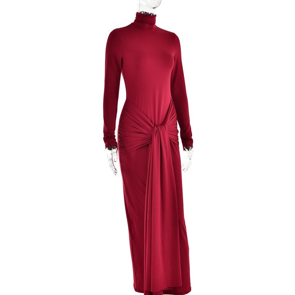 BerryBetty - Ruched solid long sleeve turtle neck self tie maxi dress