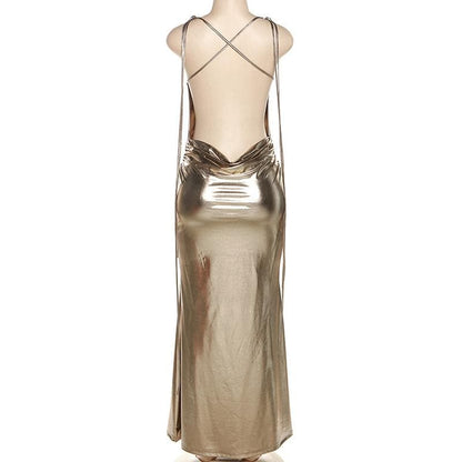 BerryBetty - Metallic cowl neck cross back self tie ruched maxi dress