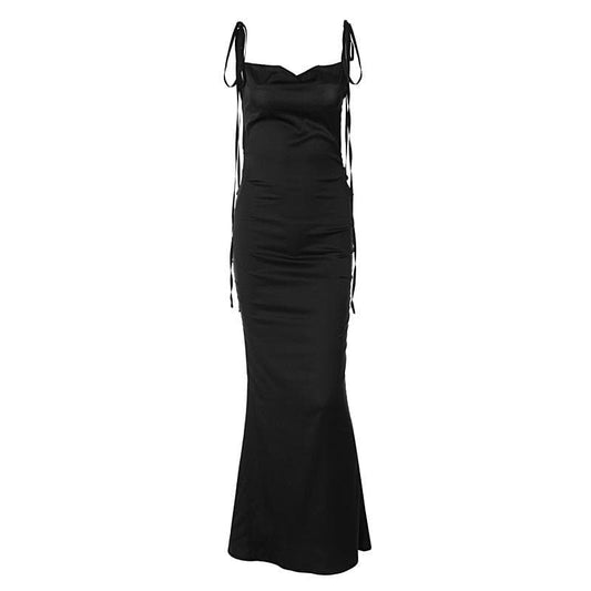 BerryBetty - Satin backless solid cowl neck lace up sleeveless maxi dress