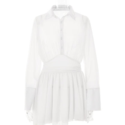 BerryBetty - Turnover collar button long sleeve ruched zip-up chiffon mini dress