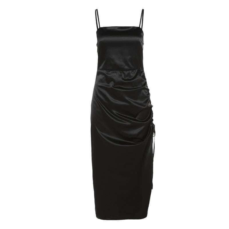 BerryBetty - Square neck drawstring ruched slit satin midi dress