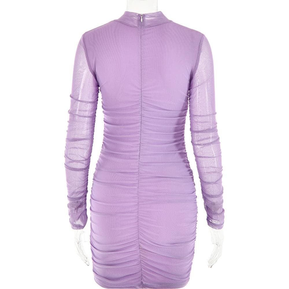 BerryBetty - Mesh ruched zip-up long sleeve solid high neck mini dress