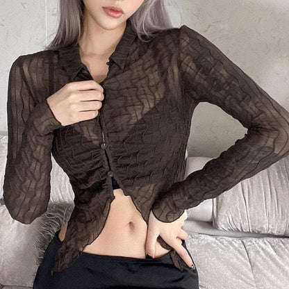 BerryBetty - Ruffled mesh turnover collar buttoned crop top