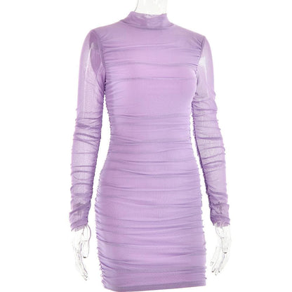 BerryBetty - Mesh ruched zip-up long sleeve solid high neck mini dress