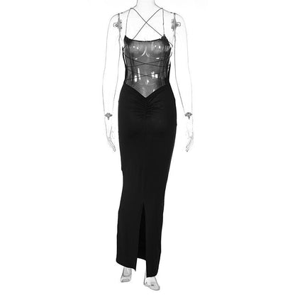 BerryBetty - Cross back lace up square neck backless self tie slit maxi dress