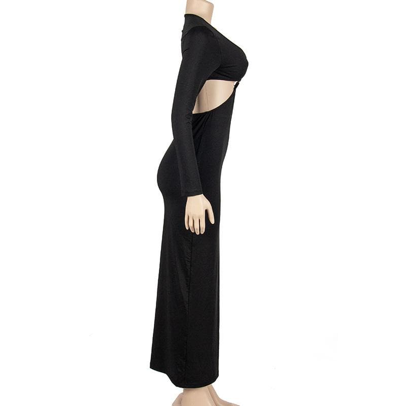 BerryBetty - Solid o ring long sleeve v neck hollow out maxi dress