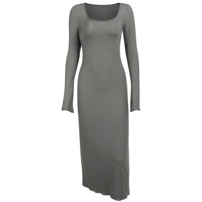 BerryBetty - Ribbed long flared sleeve solid square neck ruffle maxi dress