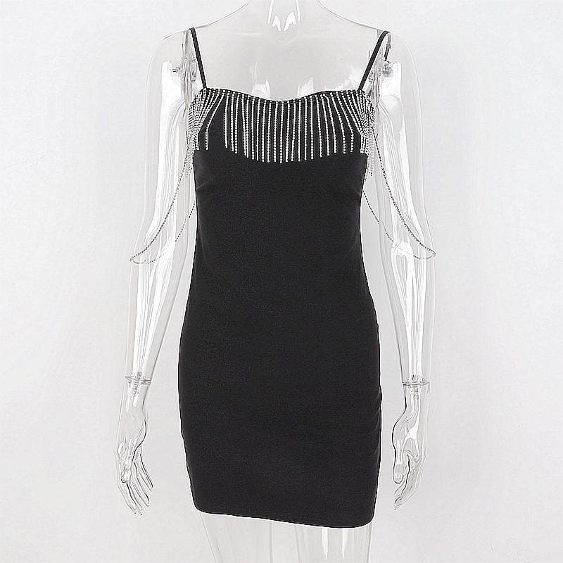 BerryBetty - Metal chain zip-up solid sweetheart neck tassels cami dress