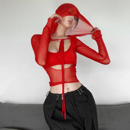 BerryBetty - Long sleeve solid mesh hoodie self tie hollow out crop top