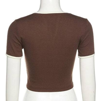 BerryBetty - Lace up contrast metal tag short sleeve crop top - Final Sale