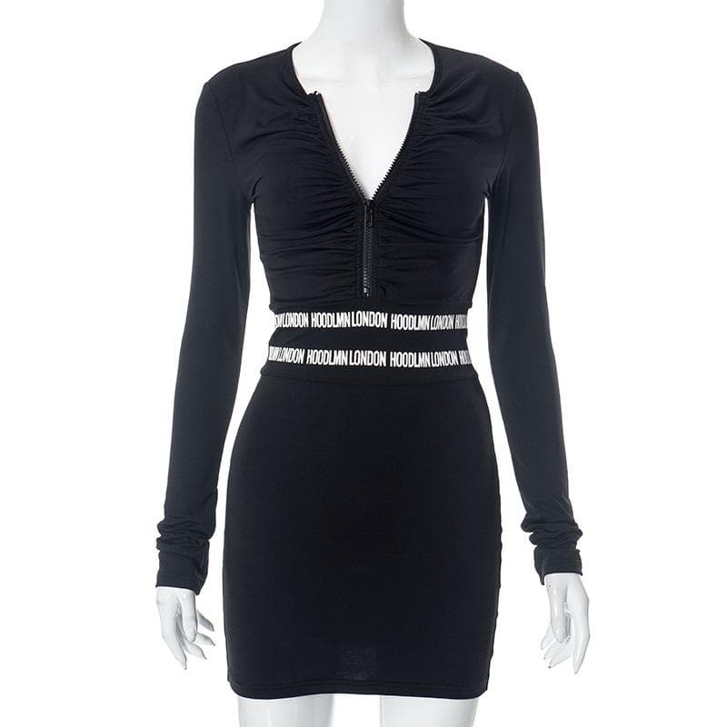 BerryBetty - Ruched zip-up long sleeve contrast mini dress