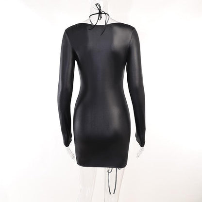 BerryBetty - Drawstring solid long sleeve cross front halter low cut mini dress