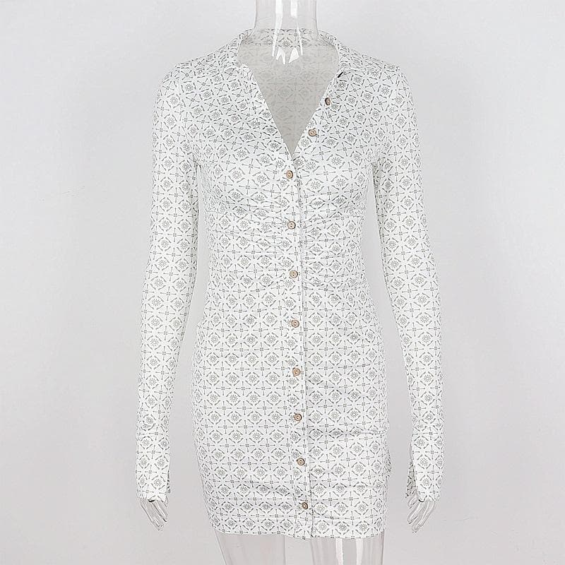 BerryBetty - Turnover collar print button long sleeve mini dress