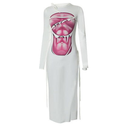 BerryBetty - Long sleeve contrast abstract print slit midi dress