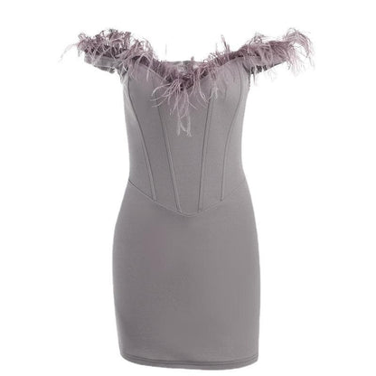 BerryBetty - Feather backless zip-up off shoulder corset mini dress