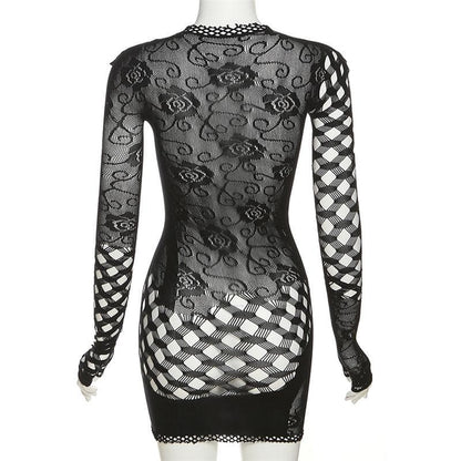 BerryBetty - Fishnet long sleeve hollow out see through irregular mini dress