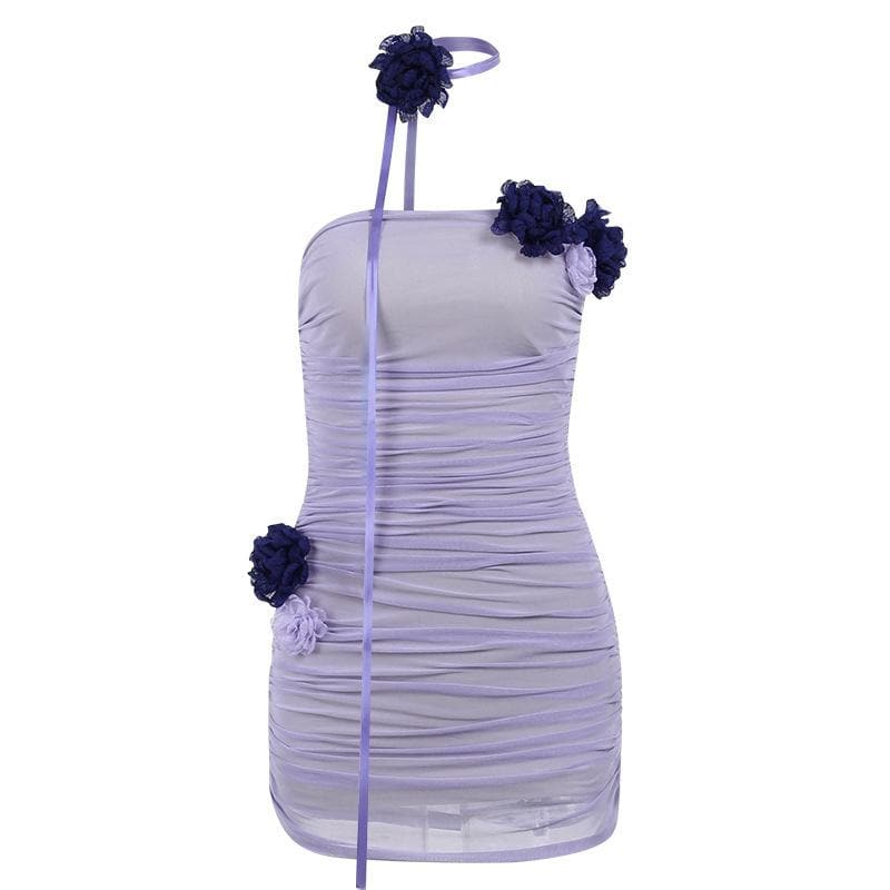 BerryBetty - Ruched mesh flower applique backless tube mini dress