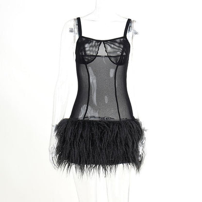 BerryBetty - Mesh see through feather sleeveless backless mini dress