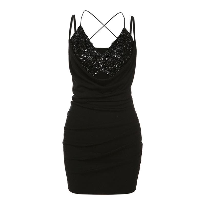 BerryBetty - Textured ruched v neck glitter cross back solid mini dress