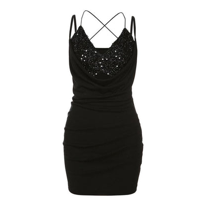 BerryBetty - Textured ruched v neck glitter cross back solid mini dress