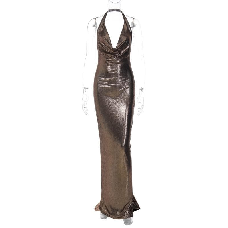 BerryBetty - Metallic cowl neck ruched halter backless maxi dress