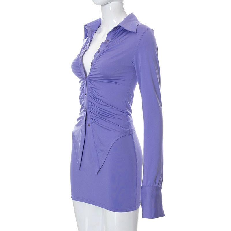 BerryBetty - Turnover collar ruched button long sleeve solid mini skirt set