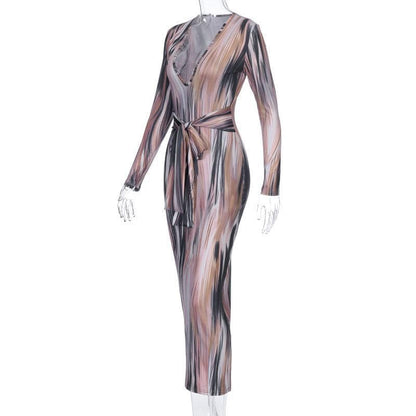 BerryBetty - Long sleeve deep v neck knotted print maxi dress