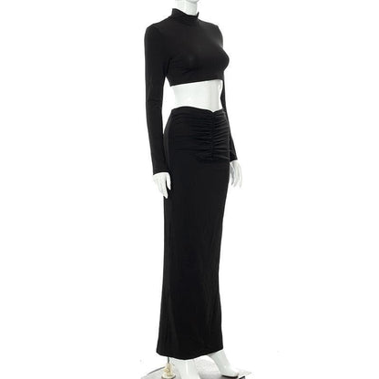 BerryBetty - High neck long sleeve ruched solid maxi skirt set