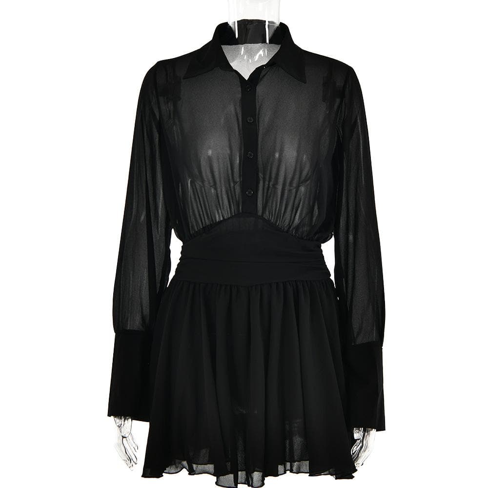 BerryBetty - Turnover collar button long sleeve ruched zip-up chiffon mini dress