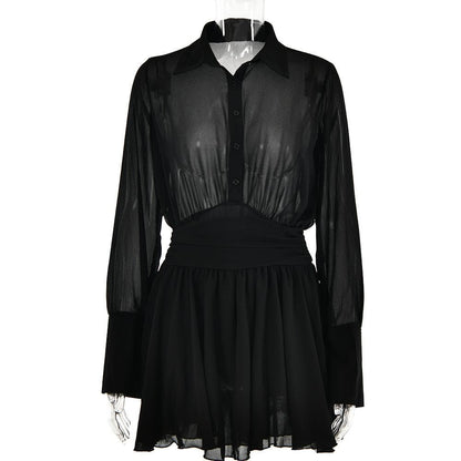 BerryBetty - Turnover collar button long sleeve ruched zip-up chiffon mini dress