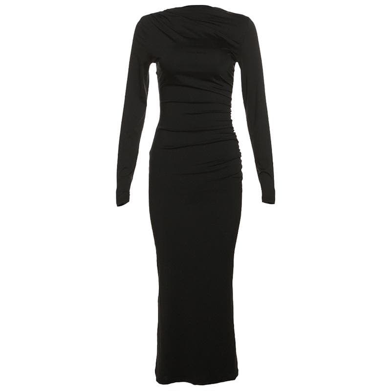 BerryBetty - Ruched solid long sleeve zip-up maxi dress